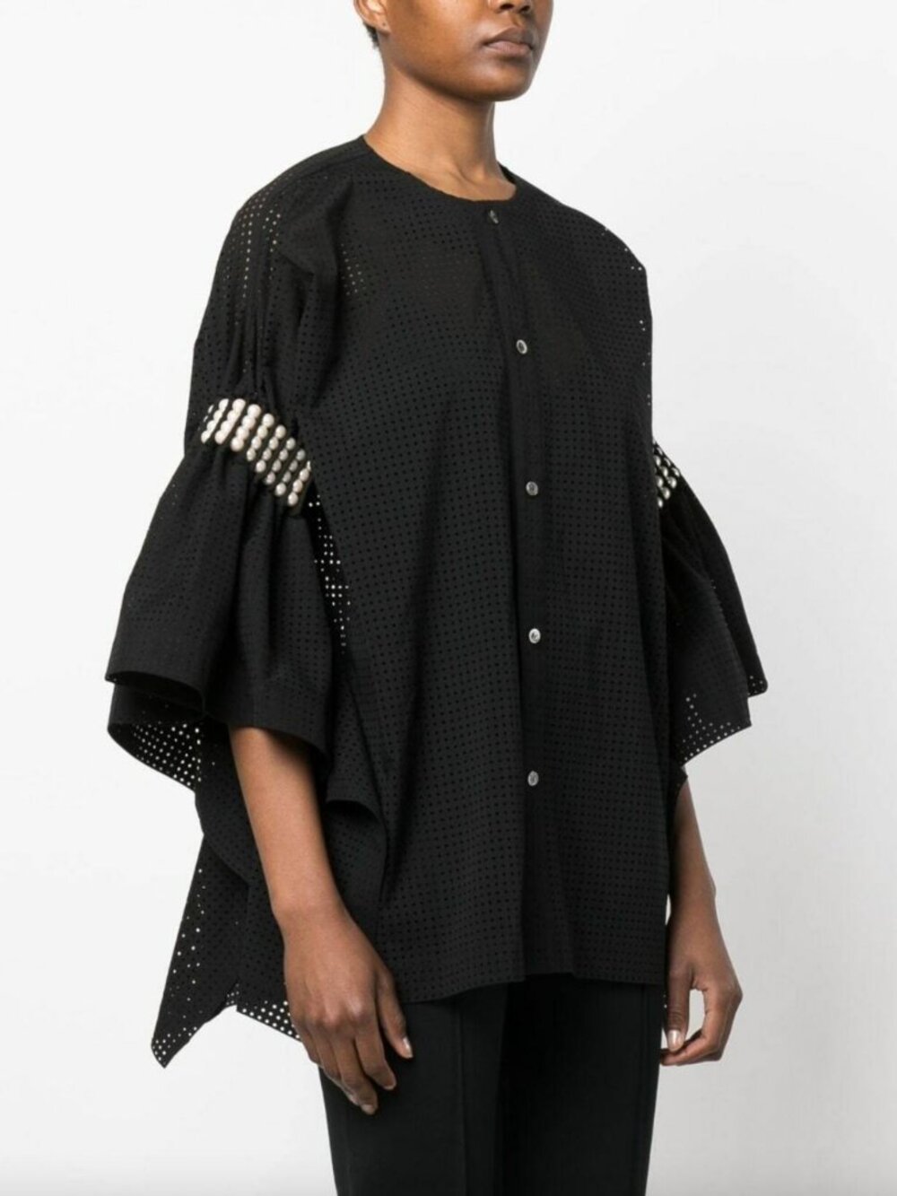 $1936 Junya Watanabe Black Perforated Faux Pearl Embellished Shirt size Medium